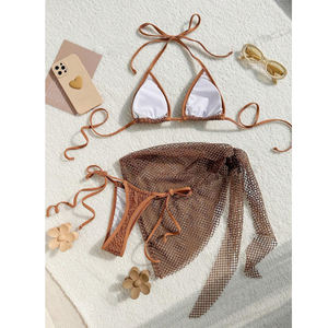 Women's 3 Piece Custom Halter Triangle String Bikini Set <strong>with</strong> <strong>Beach</strong> Skirt Front Logo Quick Dry &amp; Breathable - Product Image 6