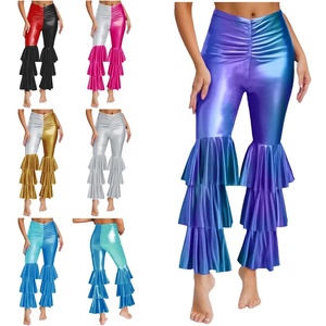 Pantalon évasé métallisé pour femme, taille haute, à volants superposés, effet liquide, pour festivals, soirées et spectacles sur scène - Product Image 1