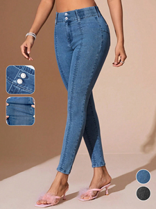 Jean slim vintage pour femme, coupe ajustée, extensible, bleu clair, style décontracté pour maman, toutes saisons - Product Image 4