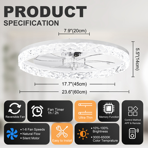 23.6inch Crystal Flush Mount <b>Ceiling</b> Fan with 3CCT LED <b>Light</b> APP <b>Remote</b> <b>Control</b> 6 Speed Reversible Quiet Fan for Bedroom, WHITE - Product Image 6