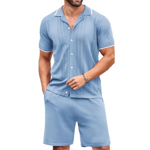 Ensembles deux pièces pour hommes, mode estivale, style européen et américain, décontracté, chemises boutonnées en tricot, shorts, costumes deux pièces - Product Image 3