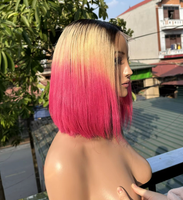 Perruque Lace Frontal Rose Lisse Effet Os, Coupe Bob Courte, Cheveux Humains Lisses Colorés, Mélange de Couleurs, Perruque Lace Closure, Perruques Cheveux Vierges