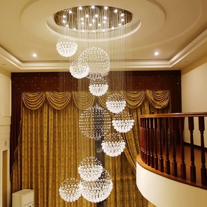 호텔 로비 높은 천장 매달려 램프 조명기구 라운드 긴 계단 k9 크리스탈 럭셔리 조명 빗방울 샹들리에