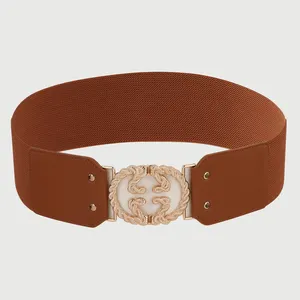 latest style 18K gold electroplated round buckle elastic fabric waist belts female women new fashion luxury belt