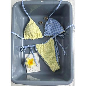 FOXA Women's 2 Piece <b>Bikini</b> <b>Set</b> Floral Halter <b>Triangle</b> Reversible Swimsuit With Striped Tie Side Contrast Binding - Product Image 3