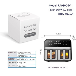 Horno <span class=keywords><strong>freidora</strong></span> <span class=keywords><strong>de</strong></span> aire Factory Square con doble cámara, doble cesta, doble recipiente, gran capacidad <span class=keywords><strong>de</strong></span> 9L, multifuncional y visible para el hogar - Product Image 2