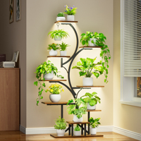 Support de plantes LED en forme de S à 9 niveaux avec éclairage de culture, étagère haute en bois et métal pour 14 pots de fougères suspendues, idéal pour salon et commode