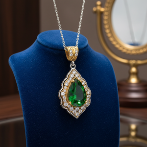 Turkish Handmade Ottoman Authentic Flower Design Pear Shape <b>Emerald</b> CZ Stone Silver <b>Pendant</b> Wholesale Grandbazaar Jewellery - Product Image 3