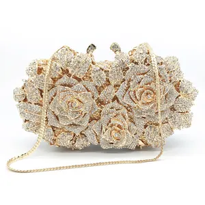 Hollow Rose Diamond Metal Hard Makeup Storage Case Bag Crystal Rhinestone Evening Bags With Chain