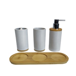 Accessori da bagno in ceramica di lusso BX set di accessori da bagno bianco opaco con base in bambù - Product Image 3