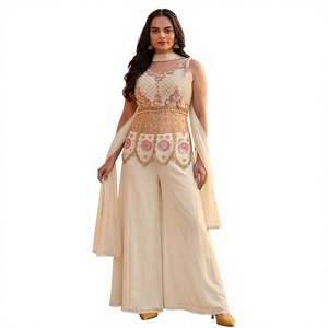 Women's Embroidered Georgette Top Beads Work Floor-Length <b>Palazzo</b> Set Traditional Wedding Wear Regular Fit All Seasons Quick Dry - Product Image 1