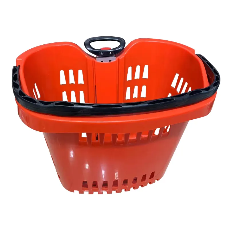 Hot sale can be push the pulley Large capacity Two Wheels Storage Baskets Plastic rolling Shopping Basket