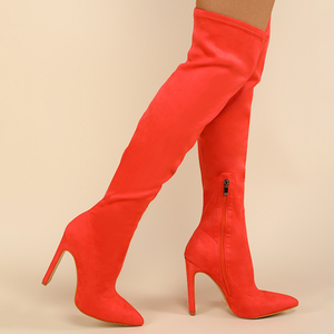 Botas Altas Sexys para Mujer XSD, Verde/Rojo, Gamuza, Punta Puntiaguda, Tacón de Aguja, Cierre con Cordones, para Otoño/Invierno - Product Image 1