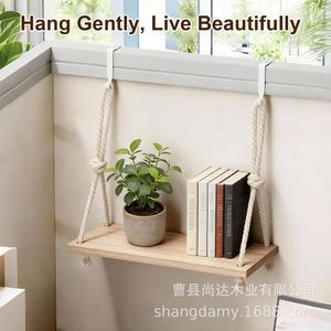 Wooden no-drill <b>floating</b> <b>shelf</b> for bedroom and living room, solid wood hemp rope, straight <b>shelf</b>, <b>wall</b> hanging rack - Product Image 3