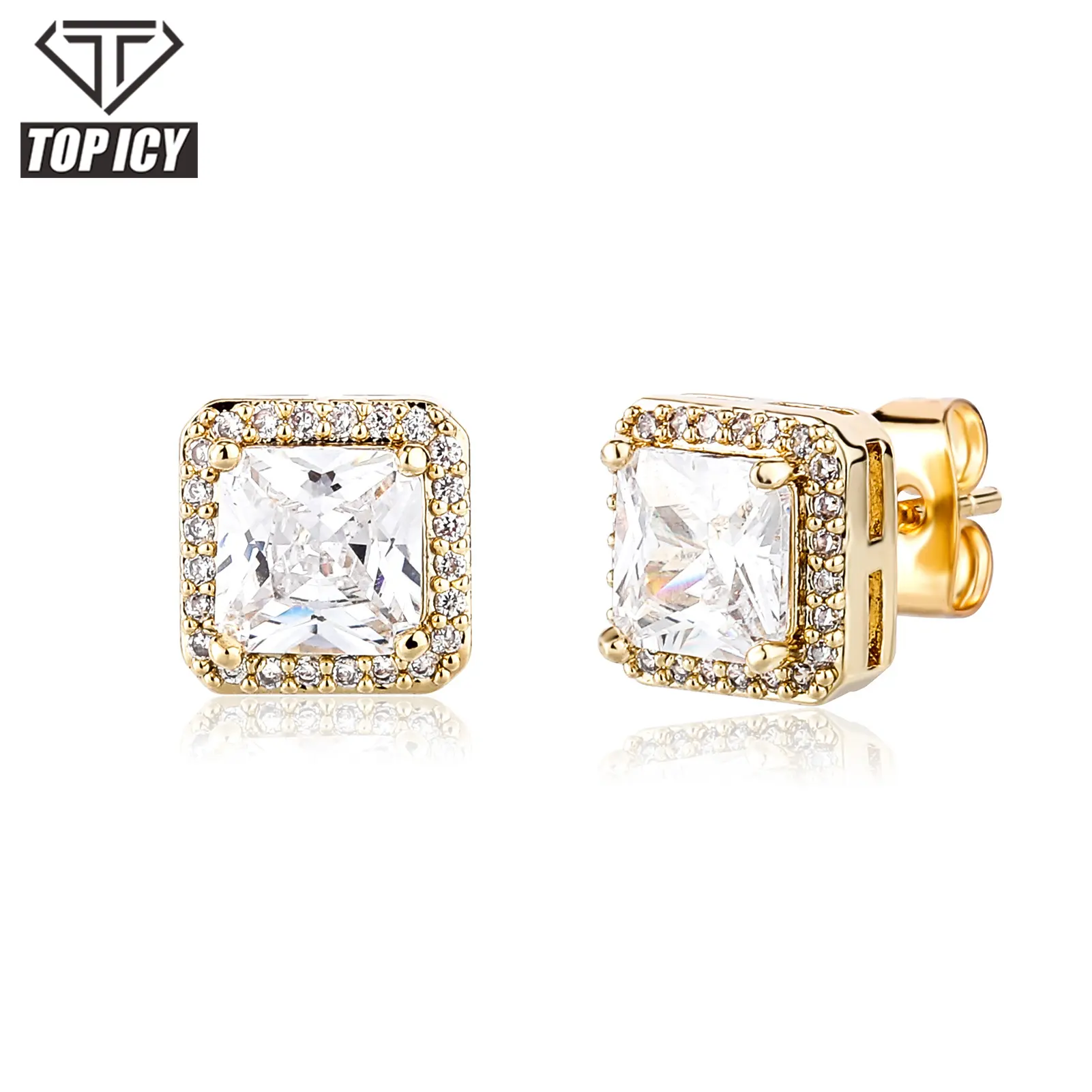 Top Icy Fashion Jewelry Iced Out Big Square Earrings Studs Gold Plated AAA Cubic Zircon Earrings For Women Emerald Jewelry Studs