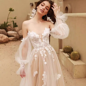 A-Line Tulle Wedding Dress Sweetheart Neckline Empire Waist Nude Back Straps Vintage Style Outdoor Bridal Gown - Product Image 2