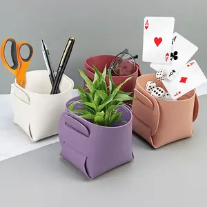 Bandeja plegable colorida de cuero sintético para decoración del hogar, organizador de escritorio, cesta de almacenamiento pequeña de cuero sintético plegable
