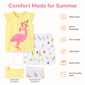 Ensemble 2 pièces personnalisé pour filles, débardeur et short, 100 % coton, imprimé flamant rose et fruits, tenue de plage, vente en gros, OEM, faible MOQ, boutique - Product Image 4