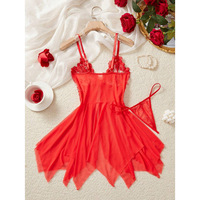 Ensemble de lingerie pour femme rose en dentelle florale transparente, style babydoll, col en V, nœud, ourlet irrégulier, bretelles spaghetti, avec culotte assortie