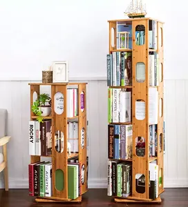 Rak Buku Bambu Berputar, Rak Buku Kayu untuk Dekorasi Rumah Rak Buku Modern