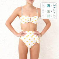 Set Bikini Polkadot dari Kain Daur Ulang Tahan Klorin, Peregangan 4 Arah, Pinggang Tinggi, Model Bandeau, Pakaian Renang Wanita, Pakaian Pantai