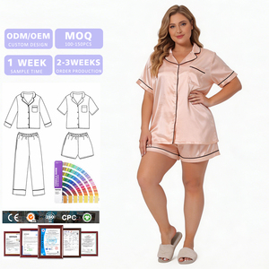 Conjunto de Pijama de Seda Satinada para Mujer, Manga Corta, Cierre de Botones, Color Sólido, Talla Grande, Ropa de Dormir de 2 Piezas, Ropa de Estar por Casa para Verano - Product Image 1