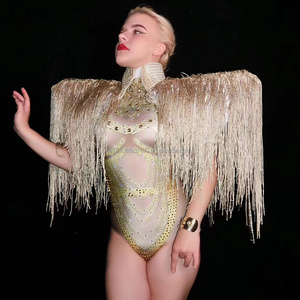 Cantante femminile modello di auto djgogo golden senza carne stretch strass one-piece nappa mantello performance costume femminile - Product Image 3