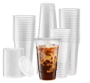 Gobelets jetables transparents en PET de 10 oz avec couvercles, fond plat personnalisé de 90 mm pour crème glacée, bubble tea, vodka, eau minérale - Vente en gros - Product Image 1