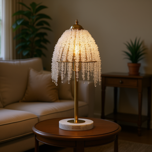 Lampe de table vintage en perles de cristal, base en fer doré de 19 pouces, abat-jour en marbre, éclairage pour salon - Product Image 2