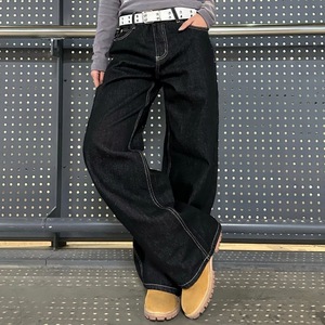 Wide Leg Denim <b>Jeans</b> Mid Waist Loose Fit Medium Wash <b>Embroidered</b> Letter Pattern Vintage Knitted Hip Hop Style Men's Pants Autumn - Product Image 4