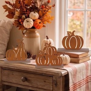 Letreros Decorativos de Calabaza Otoñal, Adornos de Metal y Madera con Patrón de Follaje, Forma Irregular, Decoración de Mesa para el Hogar en Acción de Gracias - Product Image 2