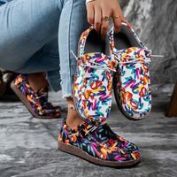 Mocassins décontractés confortables à lacets avec imprimé graffiti antidérapant pour femmes, chaussures de marche légères à talon moyen