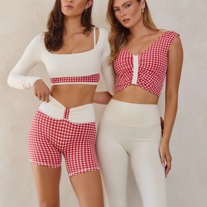 Custom Plaid Cropped Yoga <b>Top</b> Private Label Activewear Manufacturer <b>Checkered</b> Print Seamless Yoga Wear Fitness Clothing Supplier - Product Image 4