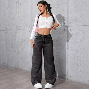 I-0740 Jeans en denim pour <span class=keywords><strong>femme</strong></span>, style estival tendance, taille haute, <span class=keywords><strong>grande</strong></span> taille, coupe droite ample, pantalon décontracté à <span class=keywords><strong>jambe</strong></span> large, long et à séchage rapide - Product Image 5