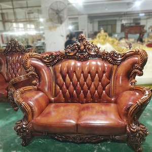 Canapé classique européen en bois massif sculpté, fauteuil en cuir de luxe pour villa, canapé d'appoint pour salon - Product Image 1