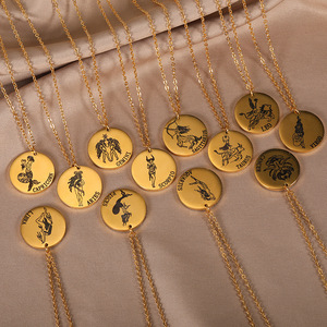 Collana con Ciondolo Zodiacale in Rame Inciso con 12 Segni Astrologici, Catena in Acciaio Inossidabile - Product Image 3