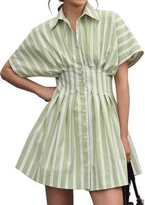 เดรสสั้นทรงคอร์เซ็ทแขนสั้นลายทางติดกระดุมสำหรับผู้หญิง - Product Image 4