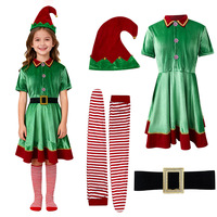 Ensemble de costumes de Noël pour toute la famille, inspiré du film Elf, robe en velours vert, pantalon, chapeau et chaussettes rayées pour adultes et enfants, tenue de fête de fin d'année