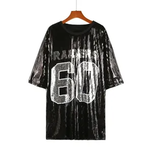 Paillettes Nombre Chiffre 60 Reiders Lettre À Manches Courtes T-Shirt Col Rond Hip Hop Night Club Mode <span class=keywords><strong>Noir</strong></span> Femmes Top - Product Image 1