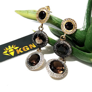 Natural Smoky Quartz & Zircon Hook <b>Drop</b> Earrings Solid 925 Sterling Silver Bohemian Style Handmade Women/Unisex Gift Jewelry - Product Image 3