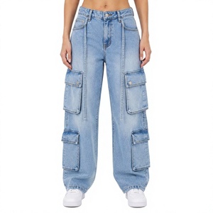 Fabricant de jeans cargo en denim pour femmes, pantalons cargo en denim à taille haute et jambes larges personnalisés pour femmes, style streetwear vintage délavé - Product Image 1