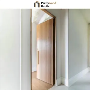 Prettywood Modern Interior Door Modern Bedroom Vertical Slats Lines Design Flush Solid Wooden Slab Room Door For Houses