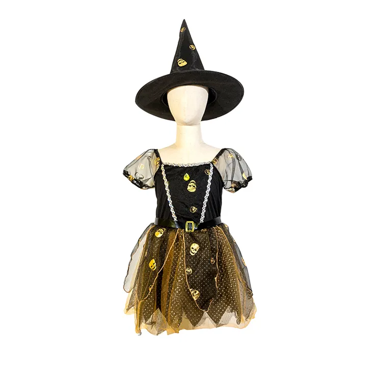 Vestido de malha para festas de palco, fantasia de bruxa com chapéu, cor marrom preta, adorável para meninas