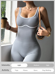 Mono de yoga acanalado sin costuras con logo personalizado, top corto ajustado, body liso a prueba de golpes para <span class=keywords><strong>mujer</strong></span>, mono de fitness para correr, OEM - Product Image 3