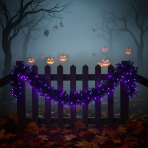 <b>Pre</b> <b>Lit</b> Halloween <b>Garland</b> 9 Feet Purple LED Lights 50 Count For Outdoor Decorations - Product Image 2