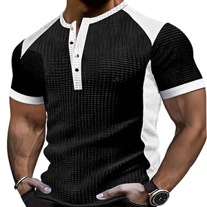 <strong>Men</strong> Hug-Fit <strong>Henley</strong> <strong>Top</strong>, Patchwork Color Block Short Sleeve Daily Casual Shirt - Product Image 5