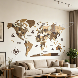 <span class=keywords><strong>Autocollant</strong></span> mural Art Déco en bois neutre pour anniversaire, avec carte du monde et motifs gravés des pays et de leurs capitales - Product Image 1
