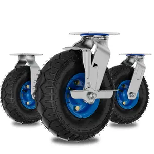 Rodas de rodízio de borracha pneumáticas industriais resistentes com freio lateral para carrinho, placa giratória rígida de 6in 8in 10in