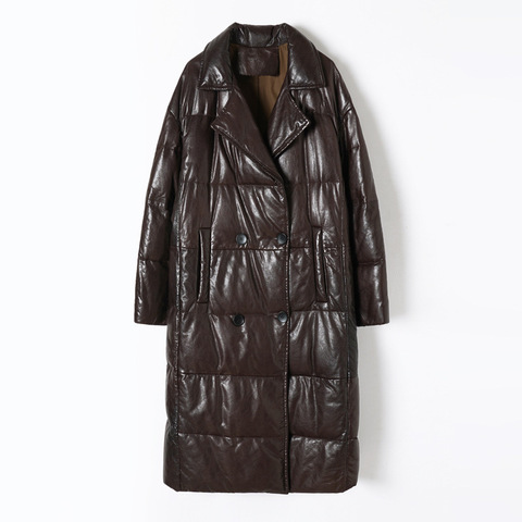 911 New Arrival Winter Elegant Waxed Oil Sheepskin Down Coat Luxury Long Style Turn-down Collar Down Filled Coat for Women