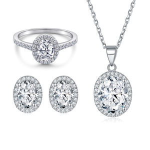 Oval Sterling <b>Silver</b> 925 Halo Prong Setting Jewelry Set Wedding Engagement Party Gift Zircon Gold Rhodium Plating Trendy CMA - Product Image 1